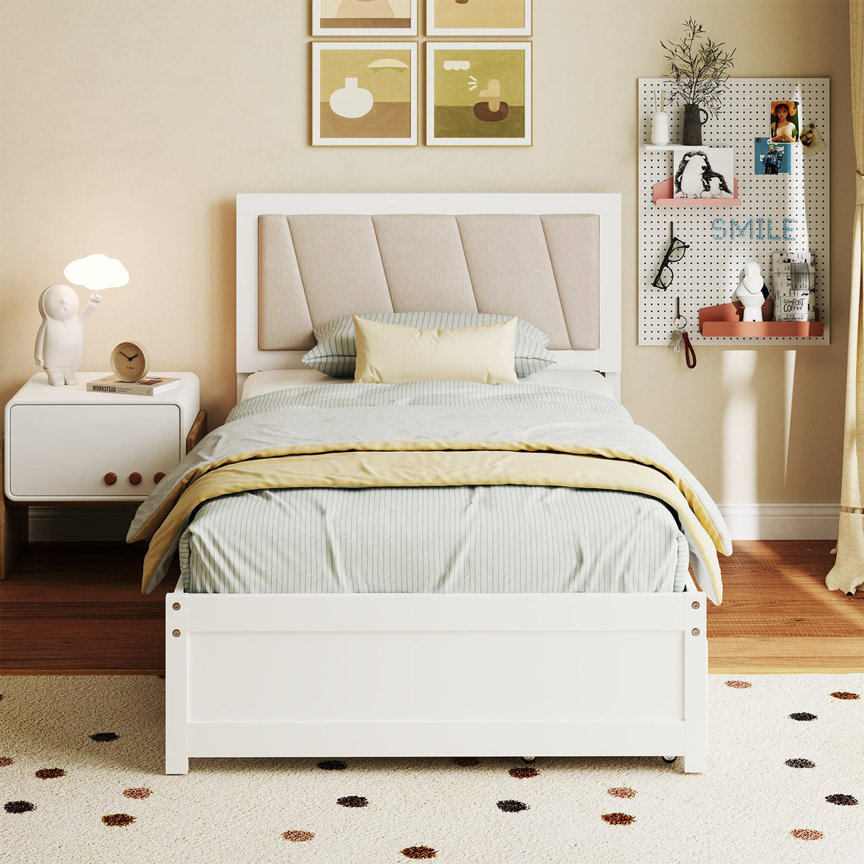 Estructura de cama de madera maciza con 2 cajones y cabecero tapizado - Tamaño doble