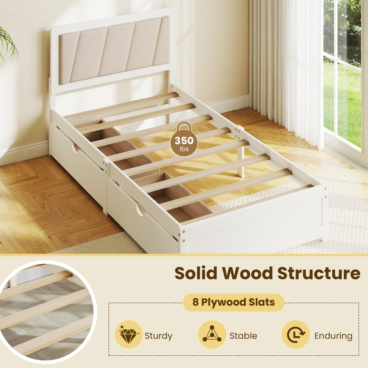 Estructura de cama de madera maciza con 2 cajones y cabecero tapizado - Tamaño doble
