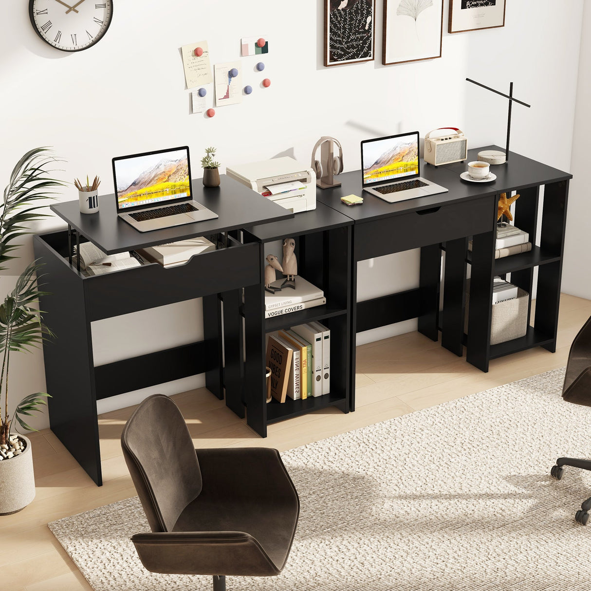 Escritorio para computadora que ahorra espacio con compartimento oculto y estantes de almacenamiento abiertos - Negro