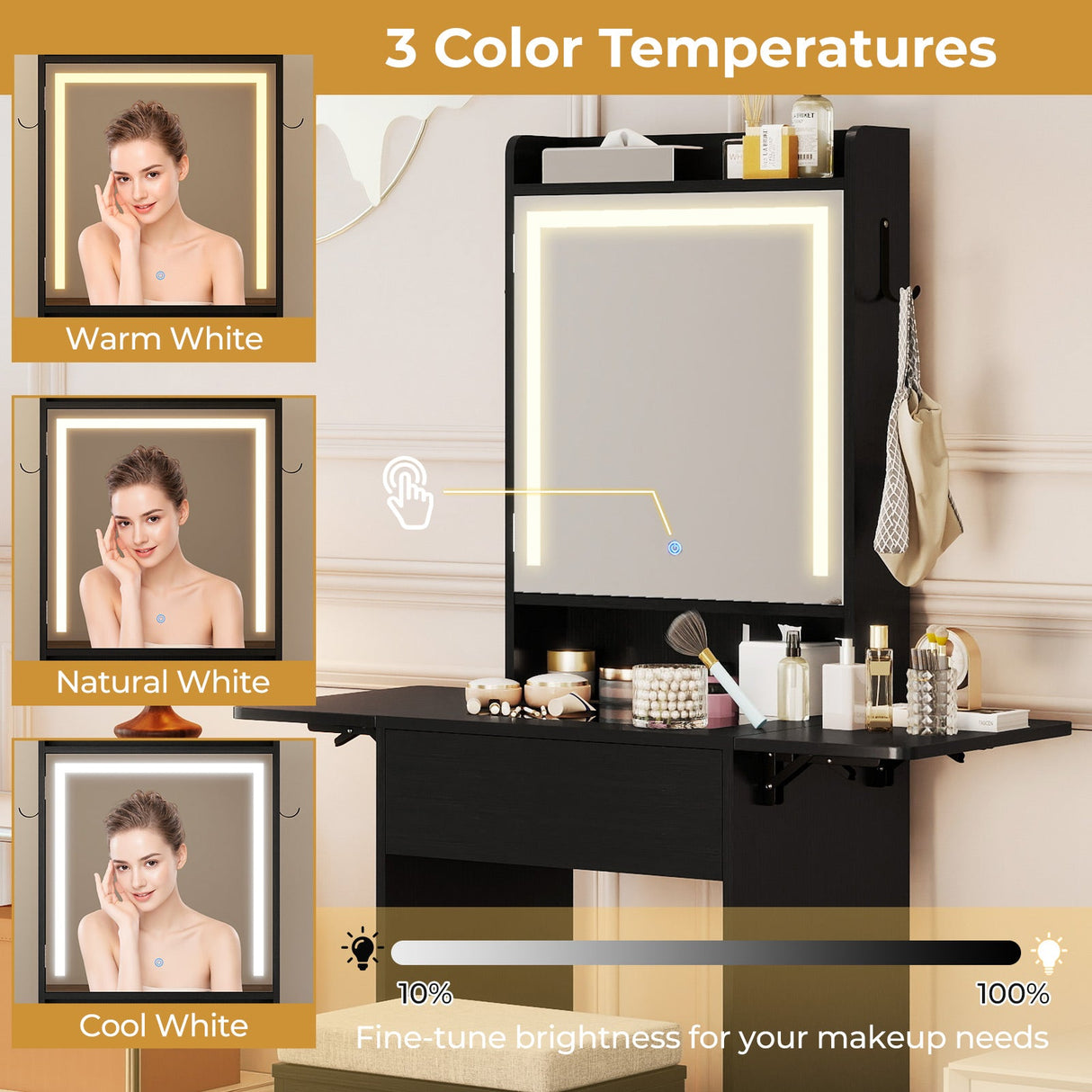 Tocador con espejo y luces que ahorra espacio para el dormitorio