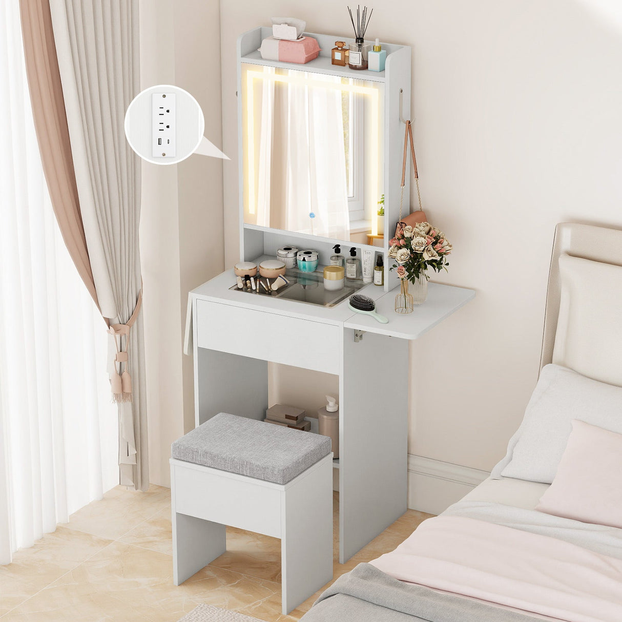 Tocador con espejo y luces que ahorra espacio para el dormitorio