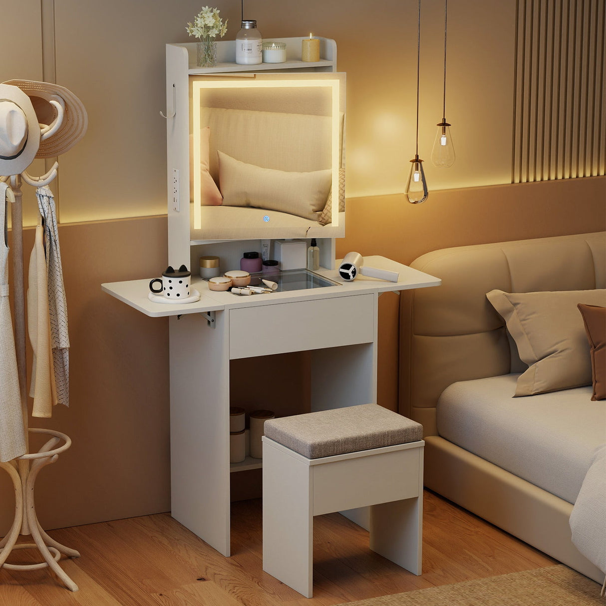 Tocador con espejo y luces que ahorra espacio para el dormitorio