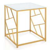 Mesa Auxiliar Cuadrada con Tapa de Cristal Templado y Estructura Geométrica Acabado Dorado-Dorada