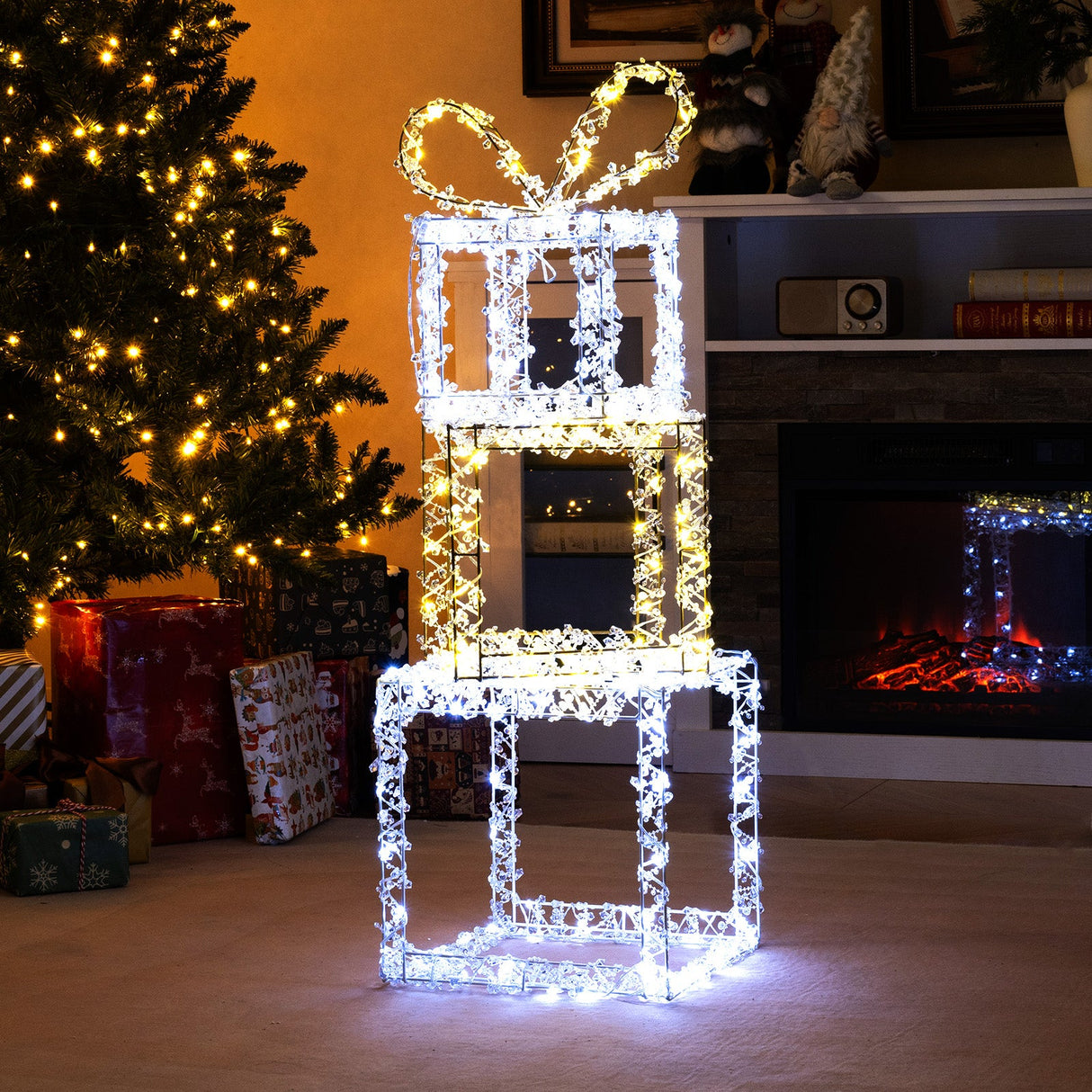 Juego de cajas de regalo apiladas iluminadas con 3 luces de cajas de regalo de Navidad preiluminadas