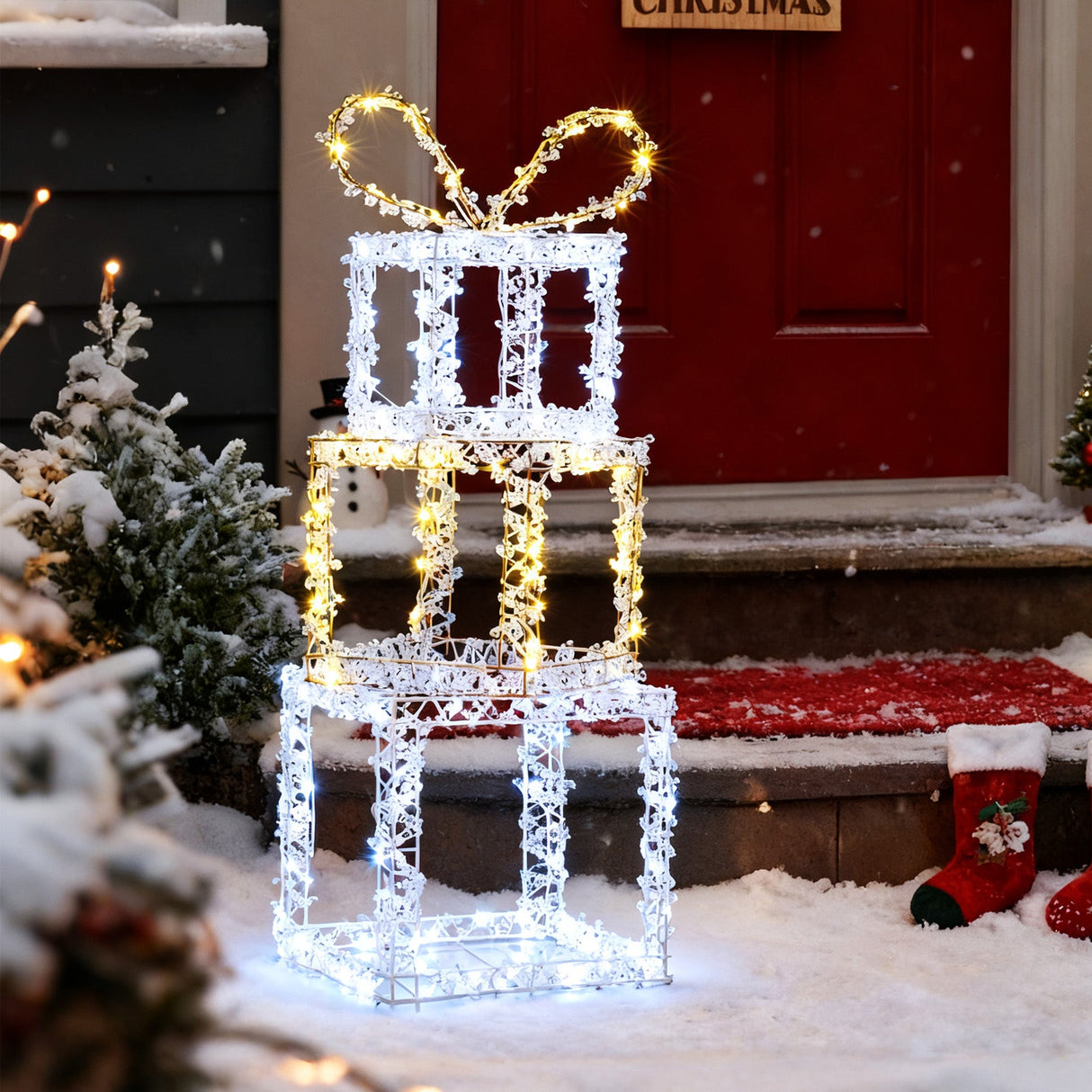 Juego de cajas de regalo apiladas iluminadas con 3 luces de cajas de regalo de Navidad preiluminadas