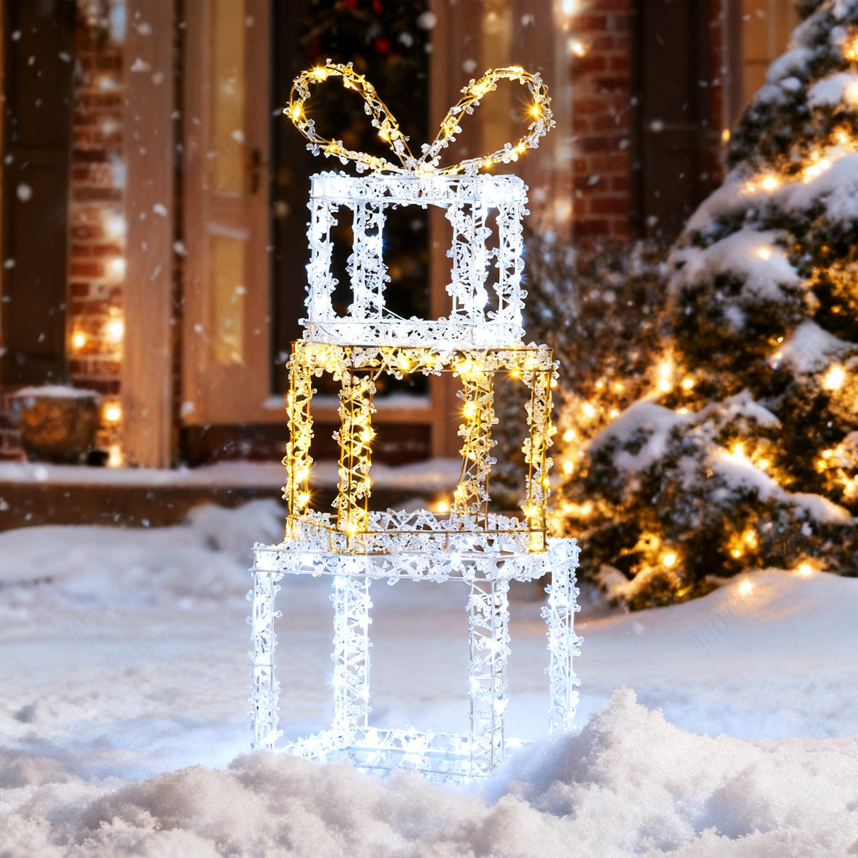 Juego de cajas de regalo apiladas iluminadas con 3 luces de cajas de regalo de Navidad preiluminadas