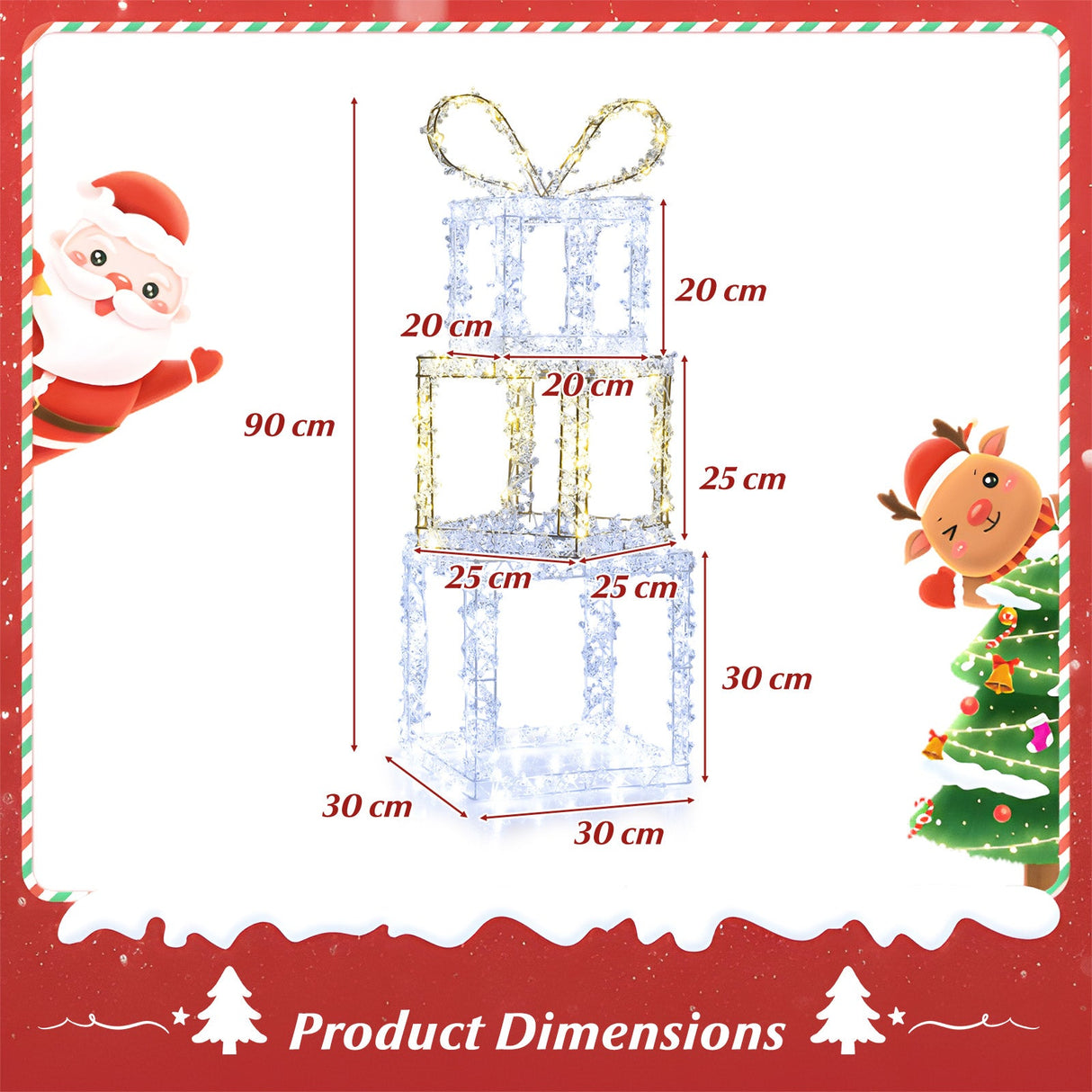 Juego de cajas de regalo apiladas iluminadas con 3 luces de cajas de regalo de Navidad preiluminadas