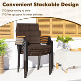 Stacking Wicker Chairs Set of 2 Patio Rattan Dining Chairs with Acacia Wood Armrests