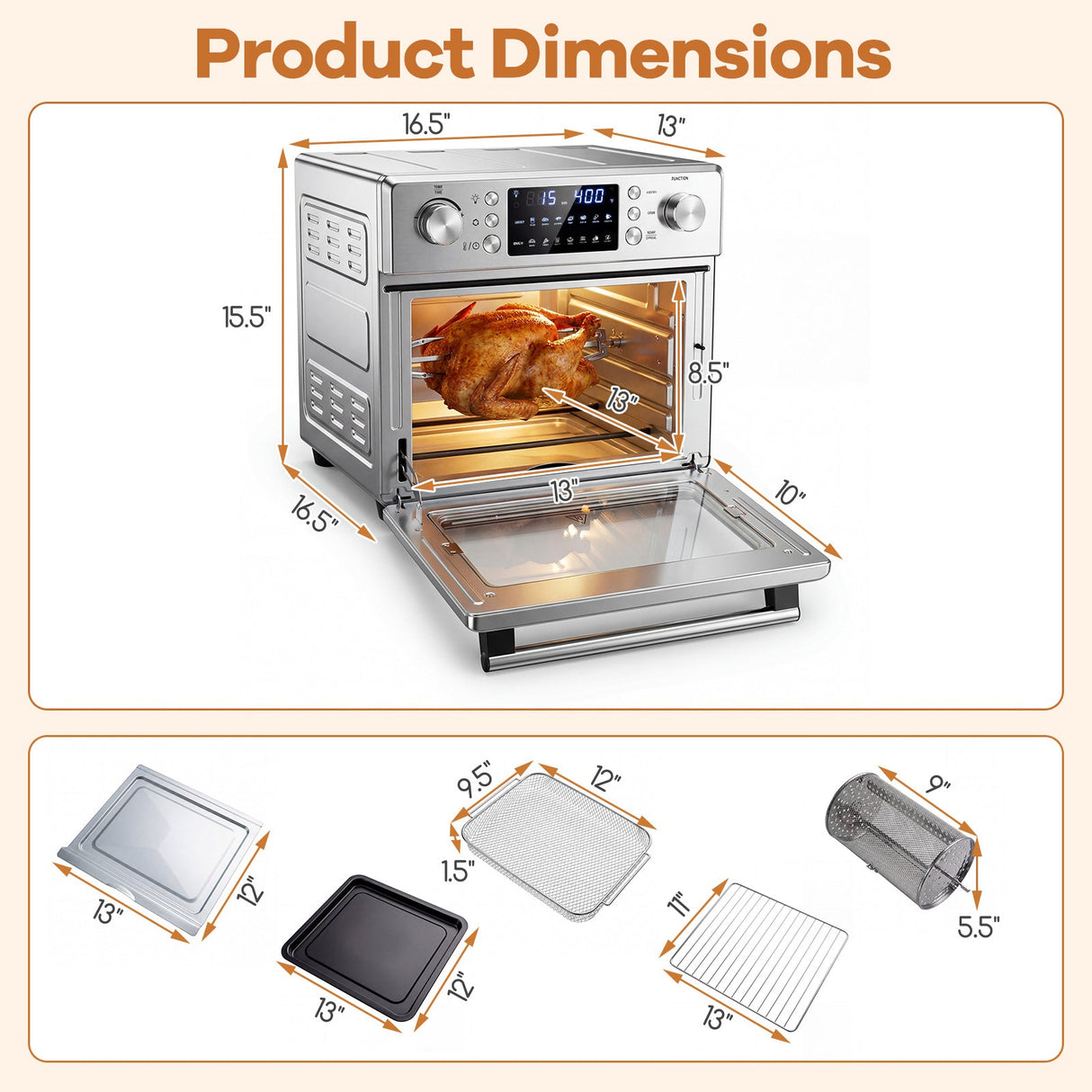Horno de encimera de convección de acero inoxidable con función para hornear - Plateado