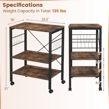 Carrito de almacenamiento para horno microondas de cocina de 3 niveles con ganchos