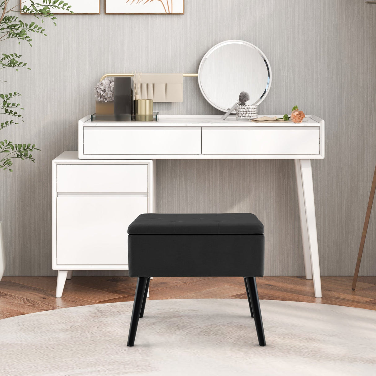 Otomana de almacenamiento de terciopelo con patas de madera maciza para sala de estar o dormitorio