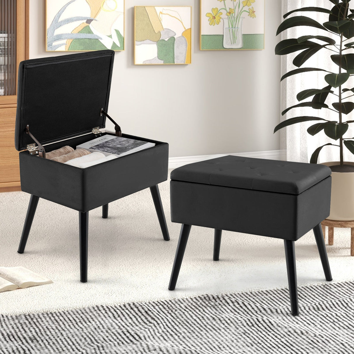 Otomana de almacenamiento de terciopelo con patas de madera maciza para sala de estar o dormitorio