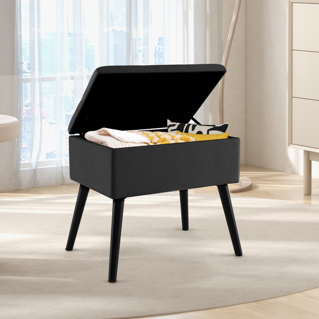 Otomana de almacenamiento de terciopelo con patas de madera maciza para sala de estar o dormitorio
