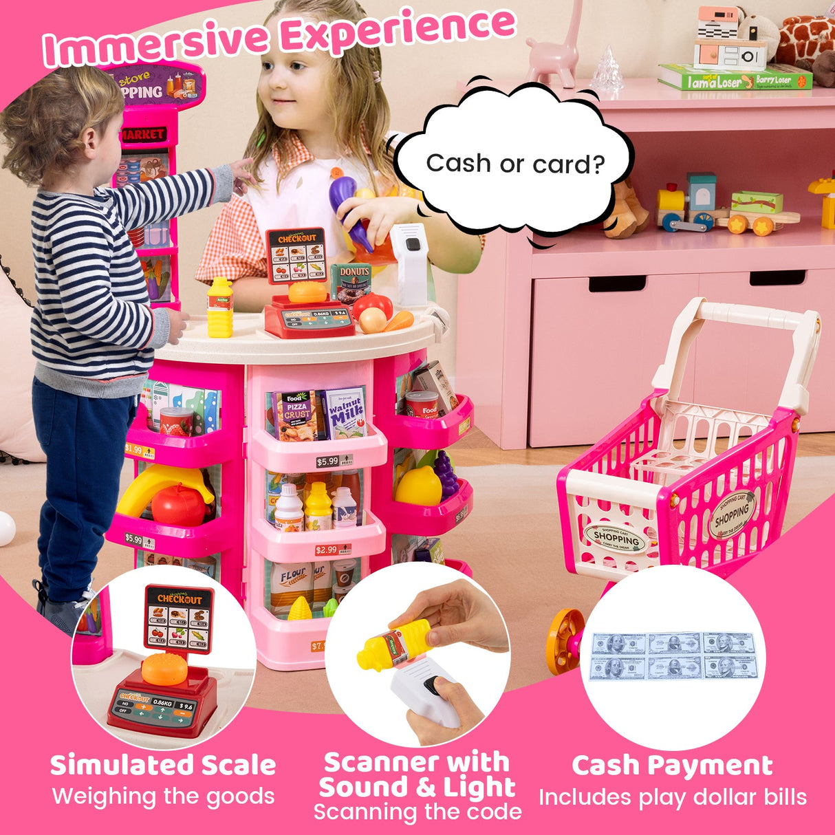 Supermercado de Juguete para Niños, 76 Piezas, Juego de Tienda de Comestibles de Imitación con Carrito de Compras