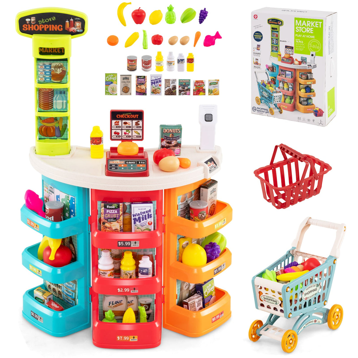 Supermercado de Juguete para Niños, 76 Piezas, Juego de Tienda de Comestibles de Imitación con Carrito de Compras