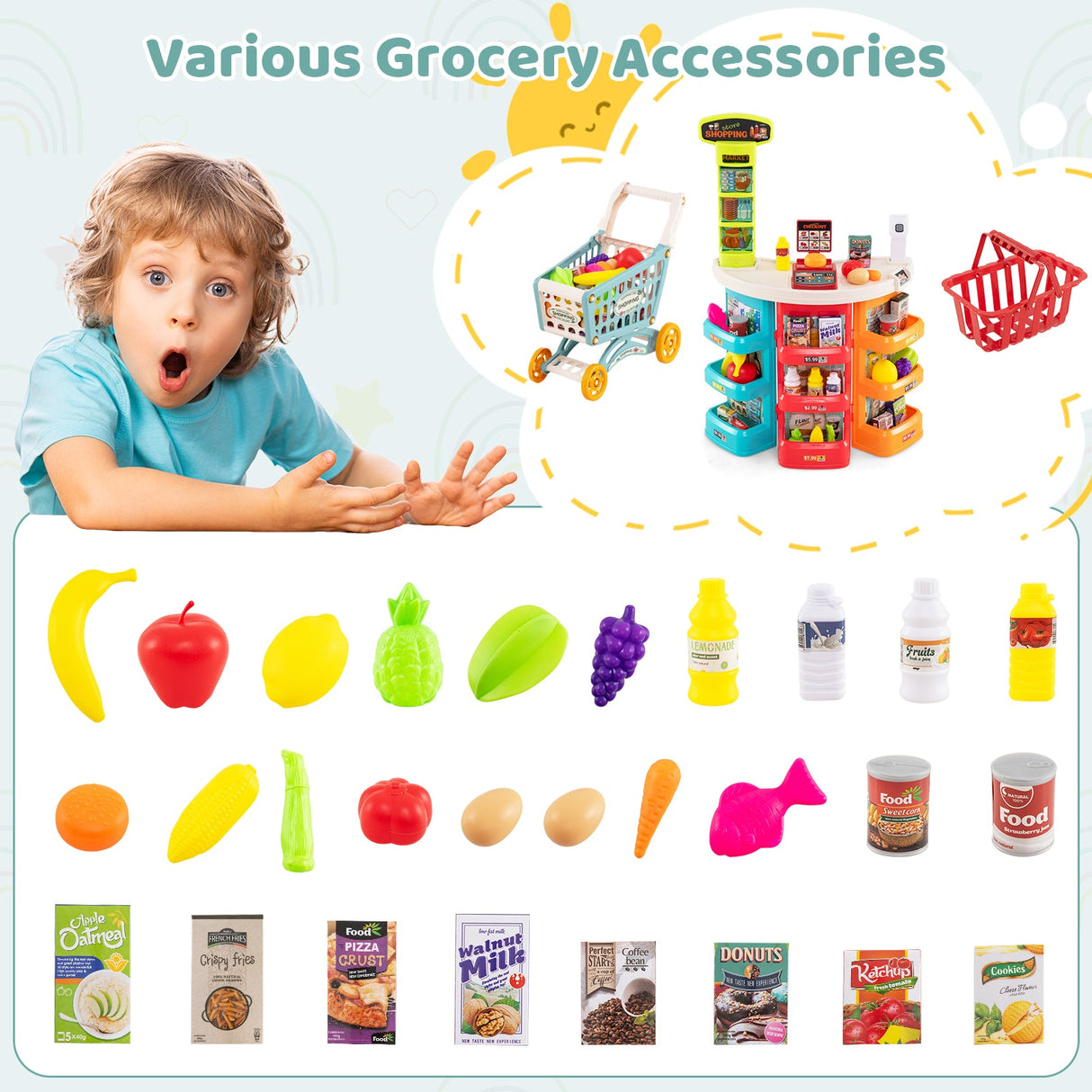 Supermercado de Juguete para Niños, 76 Piezas, Juego de Tienda de Comestibles de Imitación con Carrito de Compras