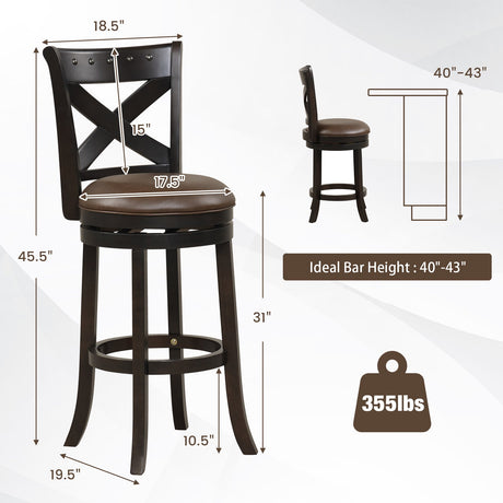 Taburete de bar giratorio de 31 pulgadas con respaldo curvo, asiento de cuero PU y reposapiés