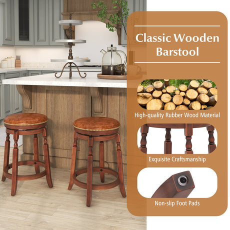 Taburete de bar giratorio de 29 pulgadas, juego de 2 con asiento tapizado y estructura de madera de caucho - 29 pulgadas