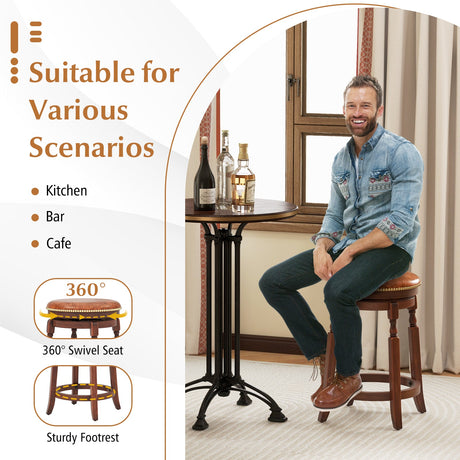 Taburete de bar giratorio de 29 pulgadas, juego de 2 con asiento tapizado y estructura de madera de caucho - 29 pulgadas