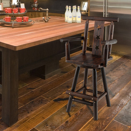 Taburete de bar giratorio de madera de 29 pulgadas con reposapiés, respaldo y reposabrazos - Marrón