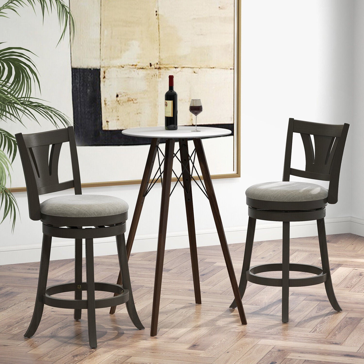 Taburete de bar giratorio de 26.5 pulgadas con respaldo, asiento acolchado suave y reposapiés gris