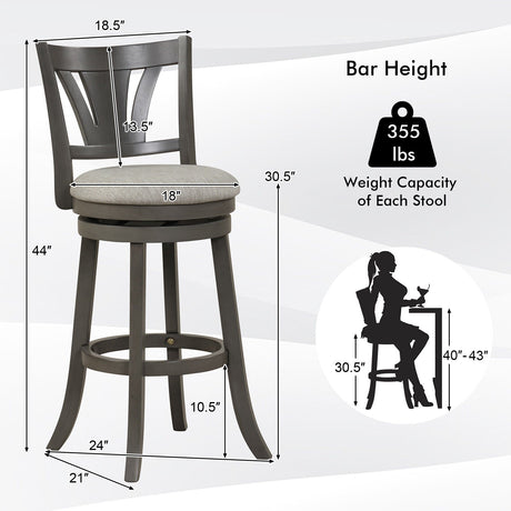 Taburete de bar giratorio de 26.5 pulgadas con respaldo, asiento acolchado suave y reposapiés gris