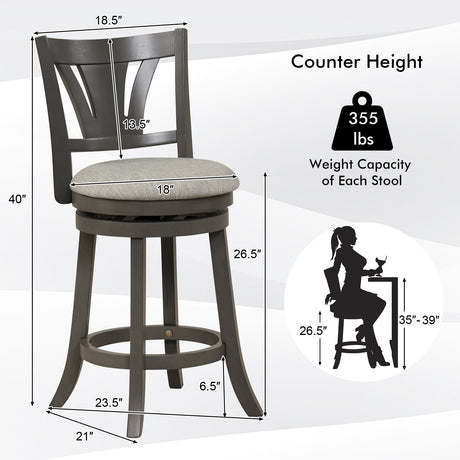 Taburete de bar giratorio de 26.5 pulgadas con respaldo, asiento acolchado suave y reposapiés gris