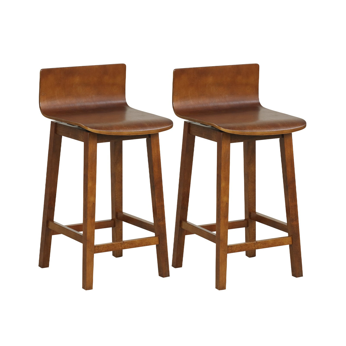 Taburetes de bar giratorios de madera de 24,5 pulgadas, juego de 2 con patas de madera de caucho y respaldo bajo