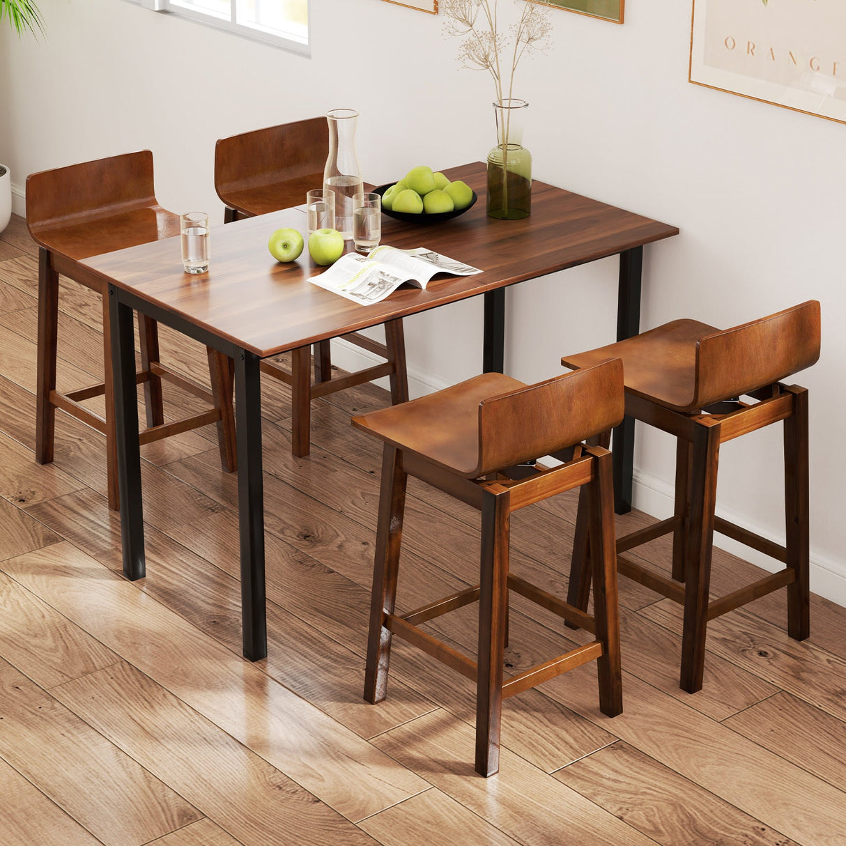 Taburetes de bar giratorios de madera de 24,5 pulgadas, juego de 2 con patas de madera de caucho y respaldo bajo