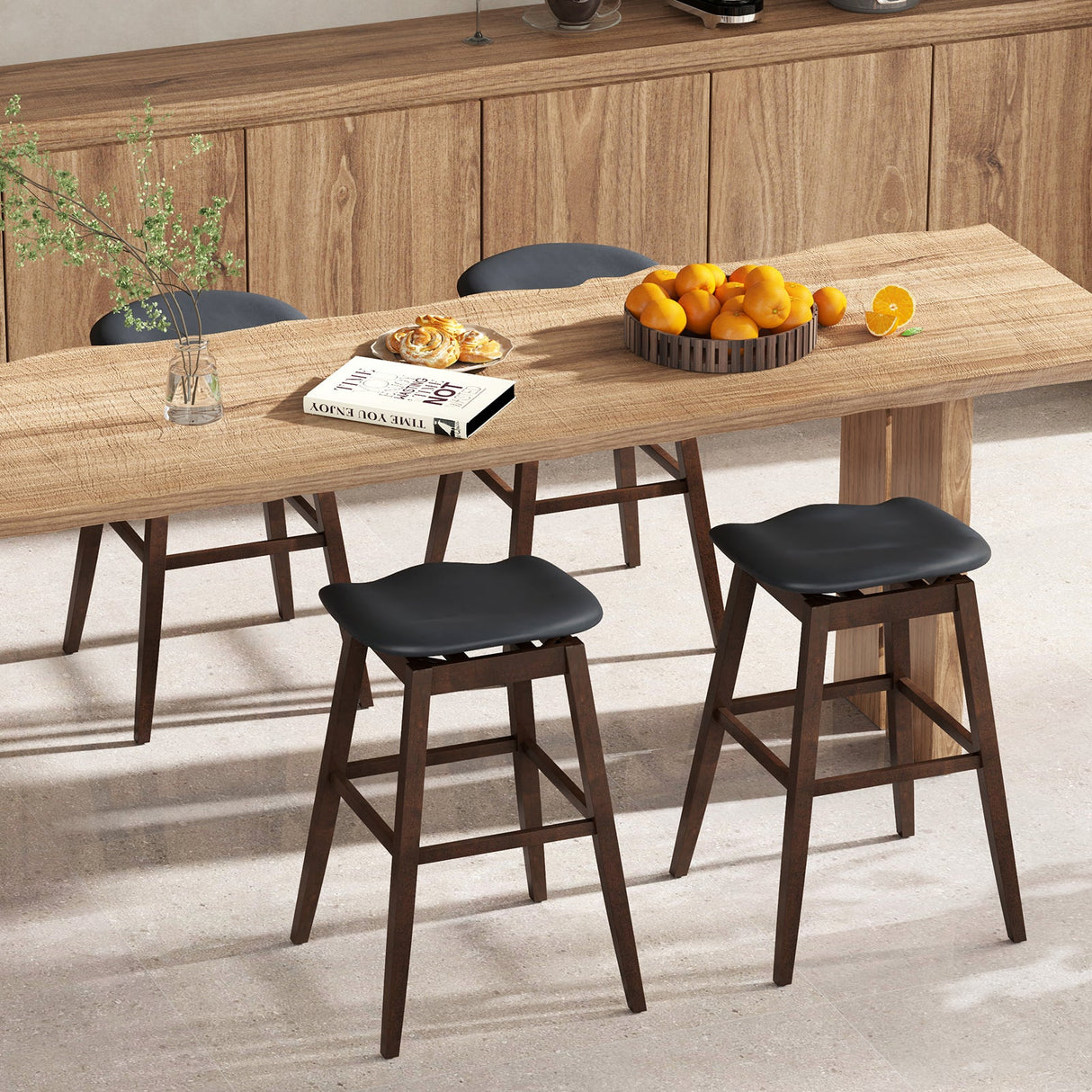 Juego de 2 taburetes giratorios para bar con asiento contorneado acolchado y reposapiés - Negro y marrón