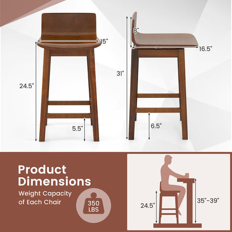 Taburetes de bar giratorios de madera de 24,5 pulgadas, juego de 2 con patas de madera de caucho y respaldo bajo