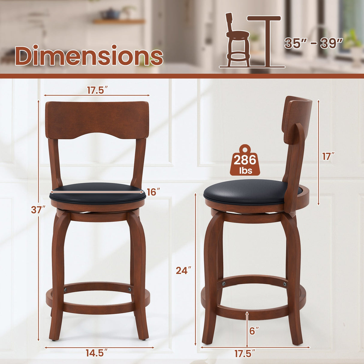 Juego de 2 taburetes de bar giratorios con estructura de madera de caucho y asiento tapizado