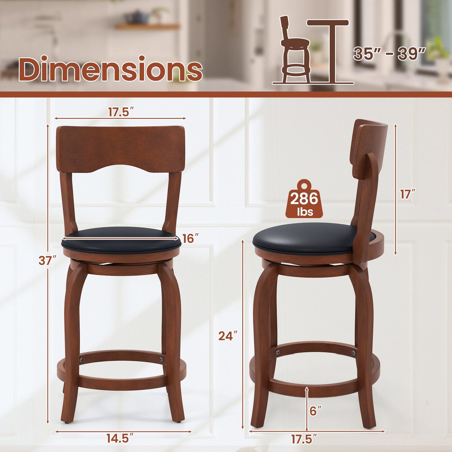 Juego de 2 taburetes de bar giratorios con estructura de madera de caucho y asiento tapizado