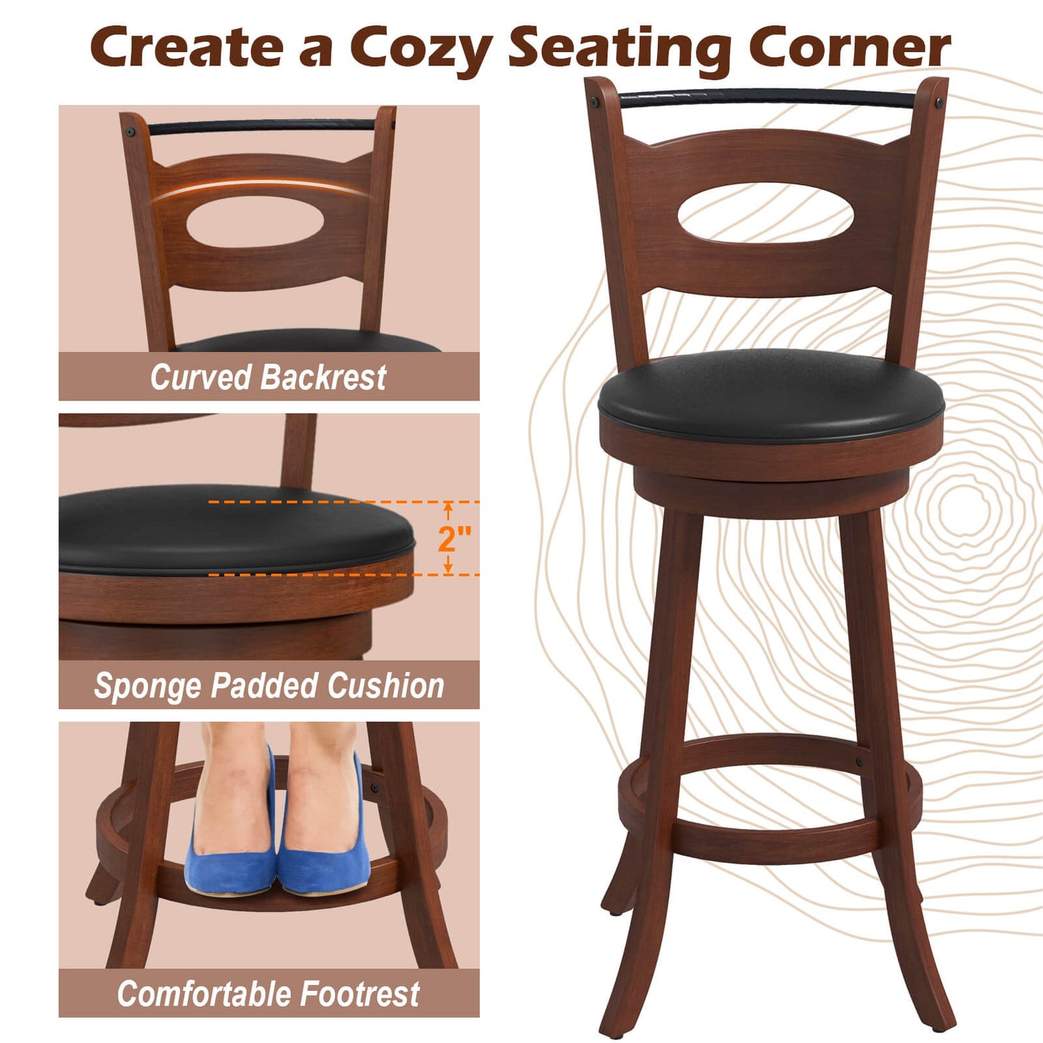2 taburetes giratorios de bar de 24/29 pulgadas con respaldo curvo y cojines de asiento