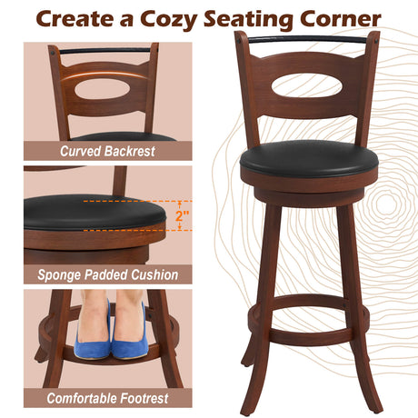 2 taburetes giratorios de bar de 24/29 pulgadas con respaldo curvo y cojines de asiento