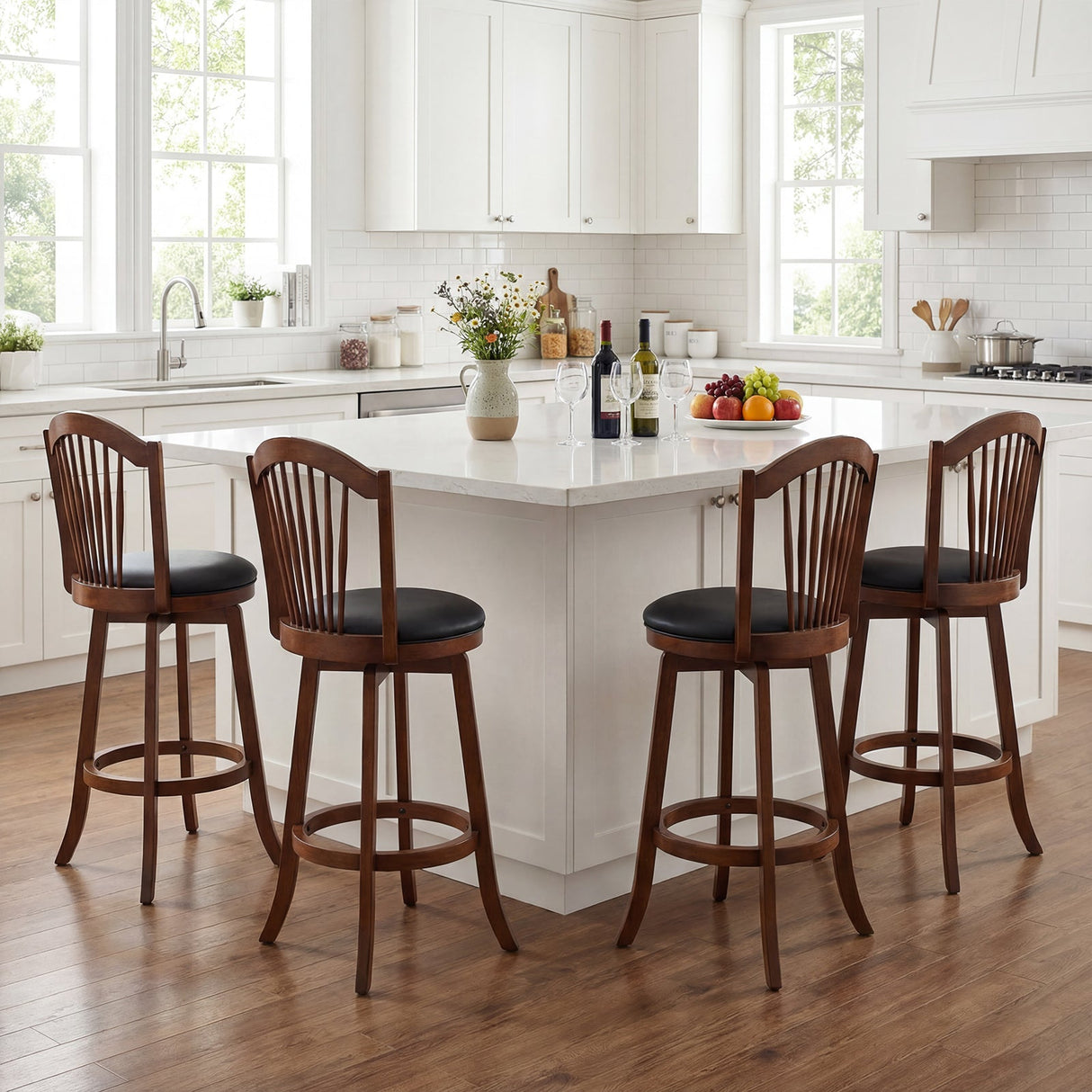 Taburetes de bar giratorios con respaldo y estructura de madera para isla de cocina