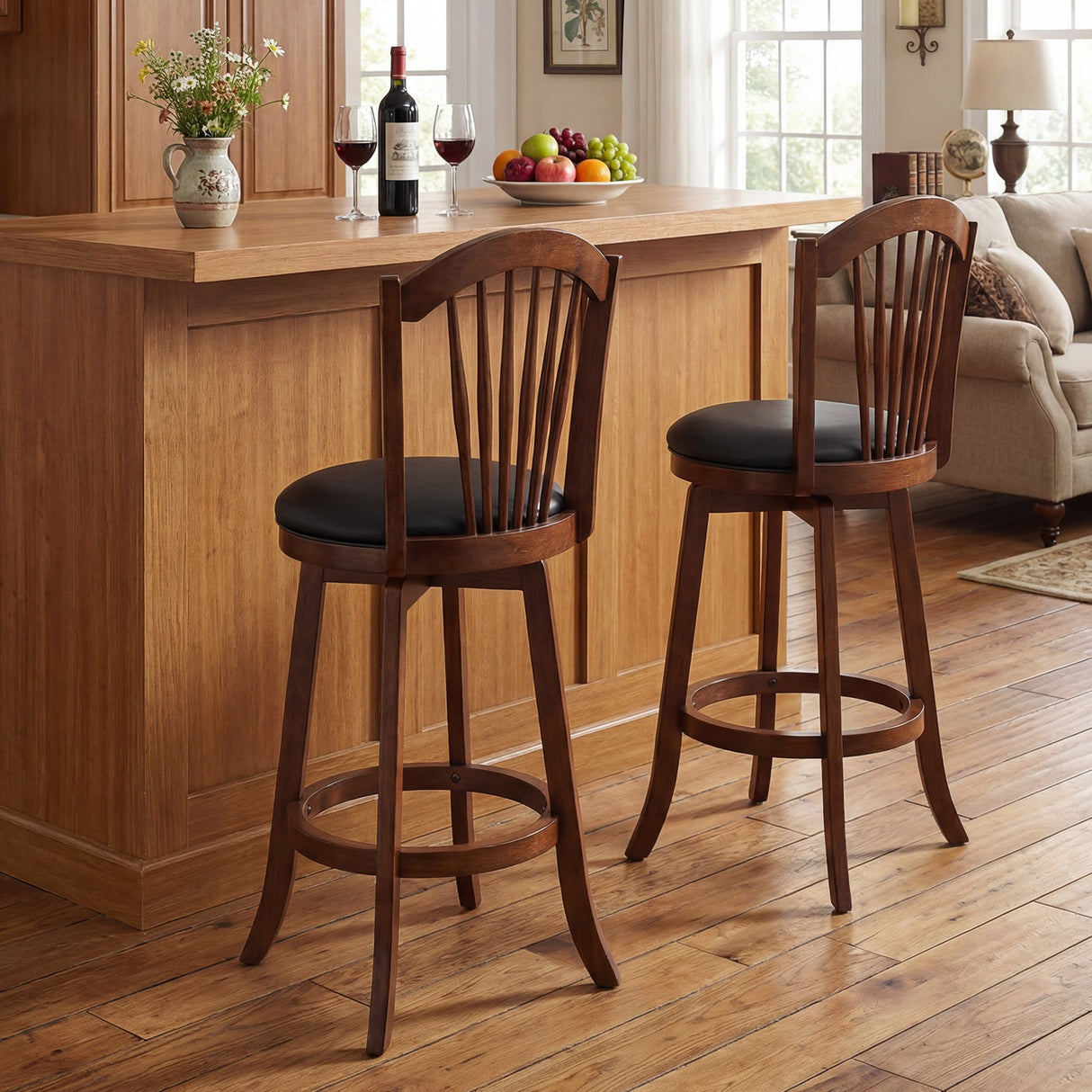 Taburetes de bar giratorios con respaldo y estructura de madera para isla de cocina