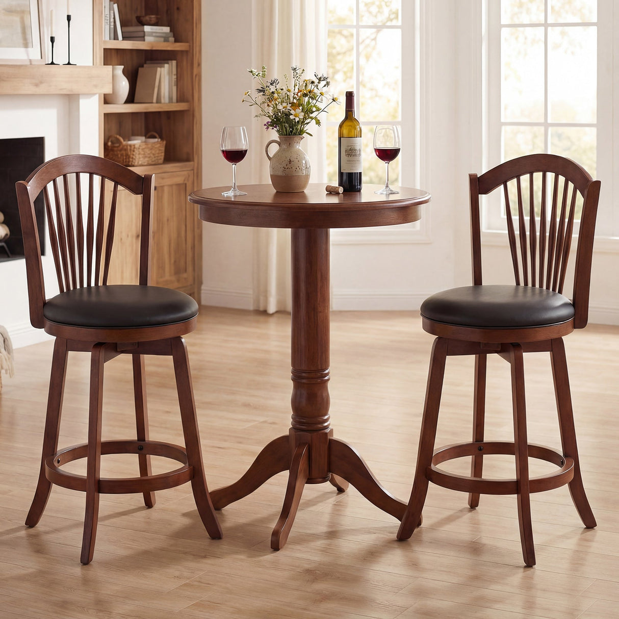 Taburetes de bar giratorios con respaldo y estructura de madera para isla de cocina