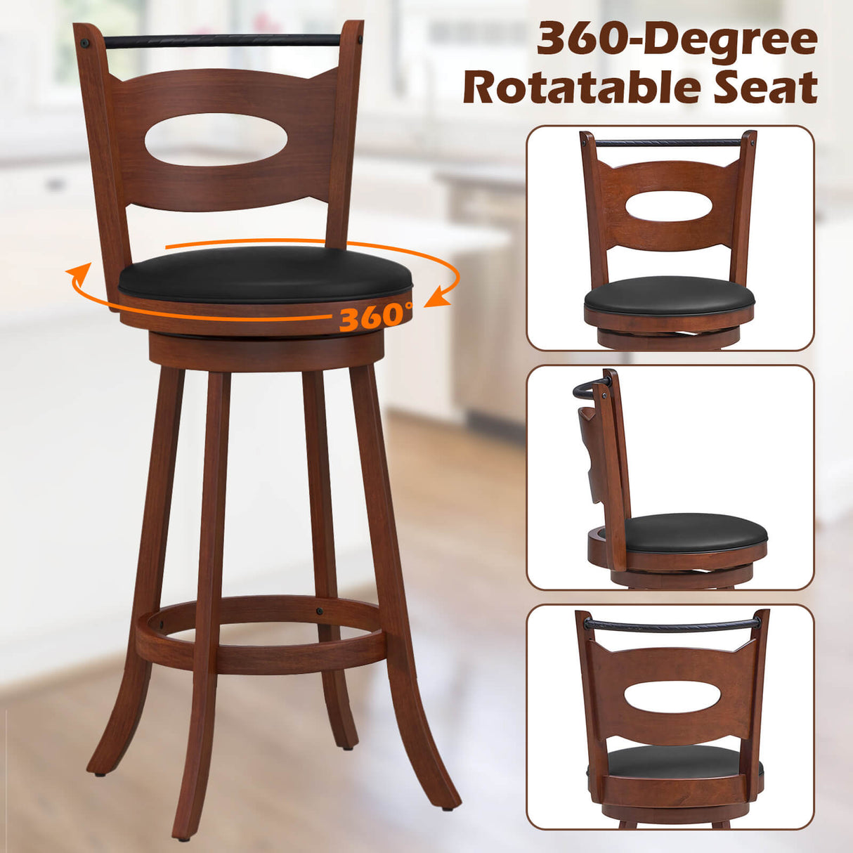 2 taburetes giratorios de bar de 24/29 pulgadas con respaldo curvo y cojines de asiento