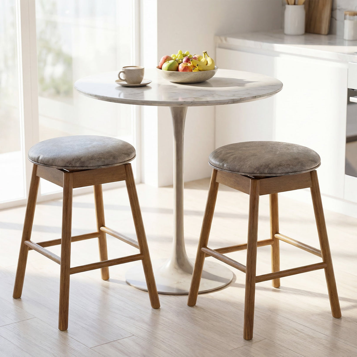 Taburetes de barra giratorios de altura para mostrador con patas de madera maciza y reposapiés - Juego de 2