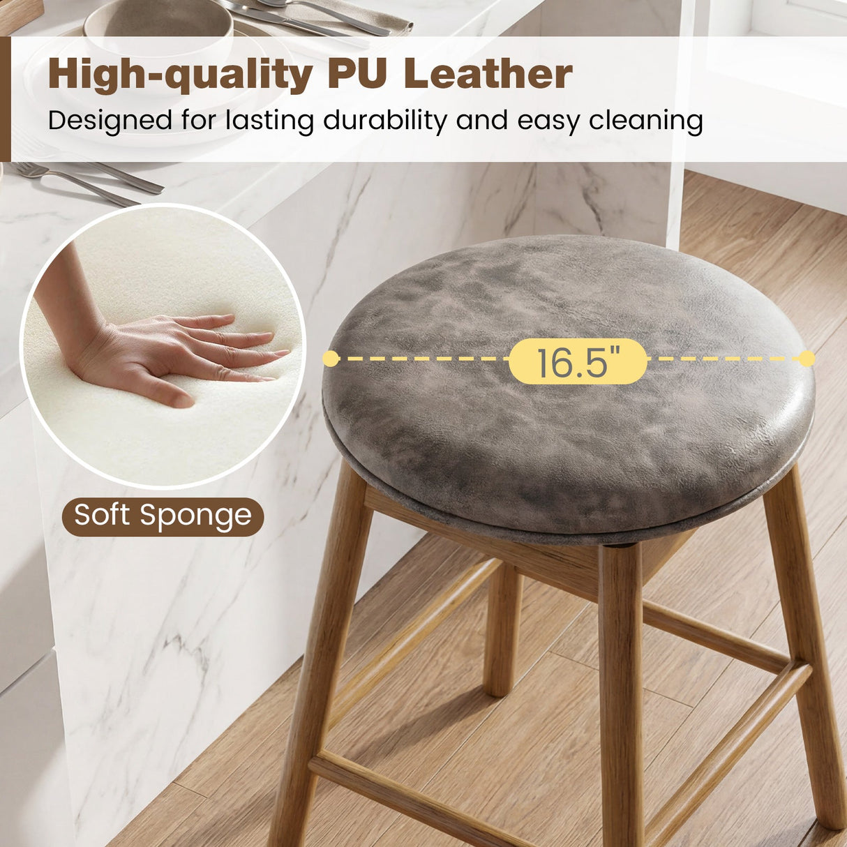 Taburetes de barra giratorios de altura para mostrador con patas de madera maciza y reposapiés - Juego de 2
