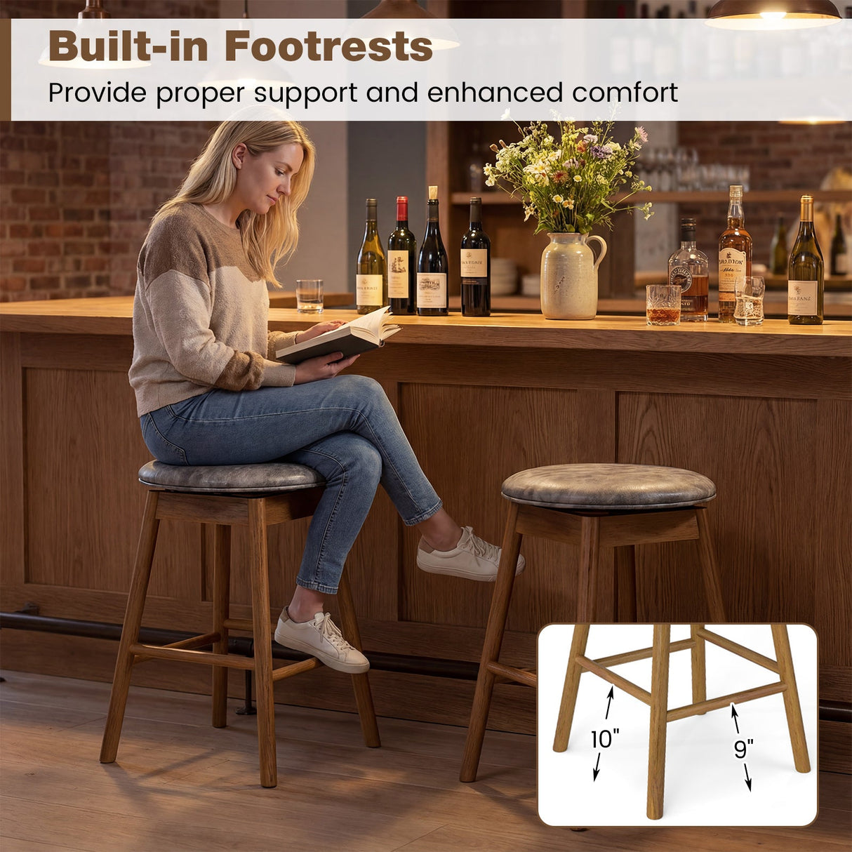 Taburetes de barra giratorios de altura para mostrador con patas de madera maciza y reposapiés - Juego de 2