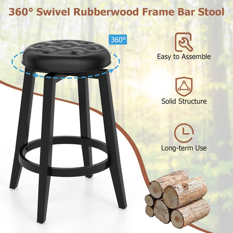 Juego de 2 taburetes de bar con estructura de madera de caucho tapizados, giratorios 360° y con reposapiés
