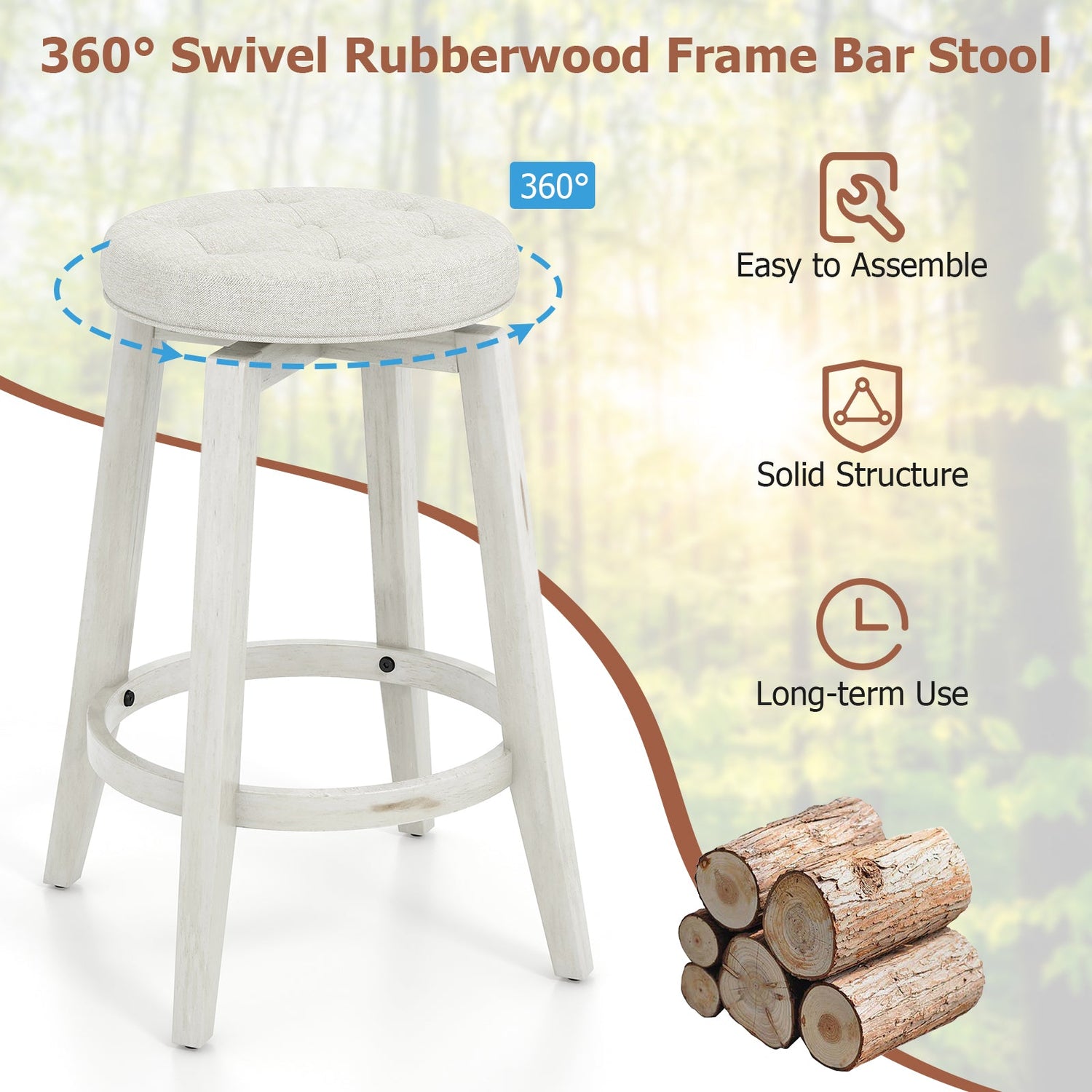 Juego de 2 taburetes de bar de madera de caucho tapizados giratorios 360 grados con reposapiés