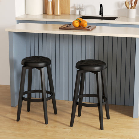 Juego de 2 taburetes de bar con estructura de madera de caucho tapizados, giratorios 360° y con reposapiés