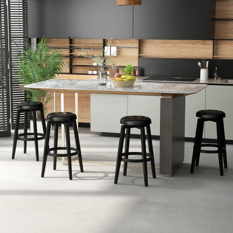 Juego de 2 taburetes de bar con estructura de madera de caucho tapizados, giratorios 360° y con reposapiés