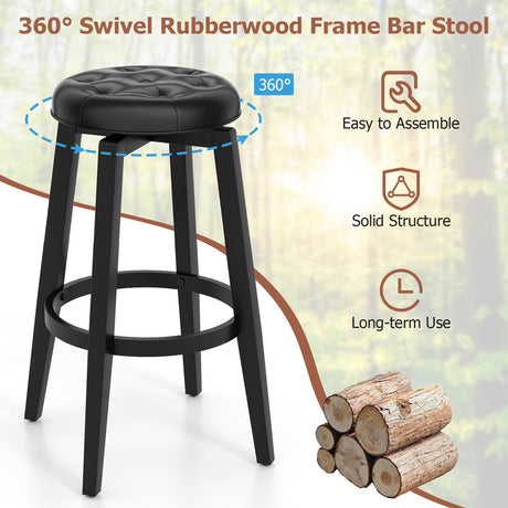 Juego de 2 taburetes de bar con estructura de madera de caucho tapizados, giratorios 360° y con reposapiés