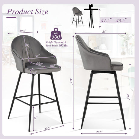 2 taburetes de bar de terciopelo giratorios de 75 cm de altura con patas de metal - Gris