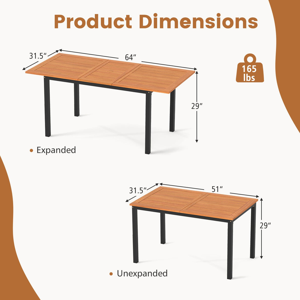 4-8 Person Extendable Solid Wood Dining Table with Umbrella Hole
