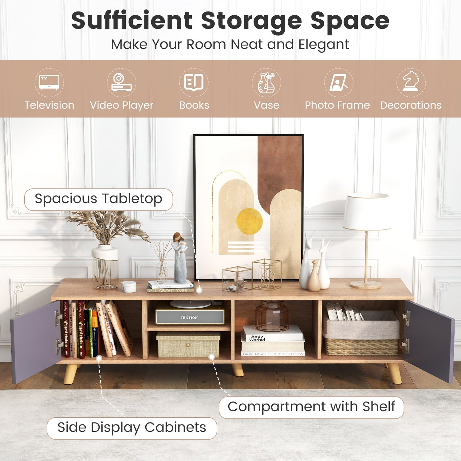 TV Stand Cabinet for TVs up to 65 Inch with Open Shelf for Living Room